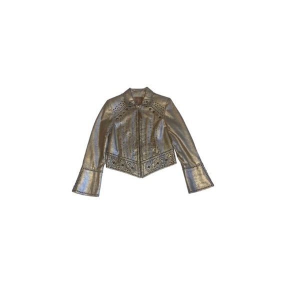 Double D Ranch Studded Gold Crackled Leather Jacket - Women’s Size XS - Picture 1 of 14